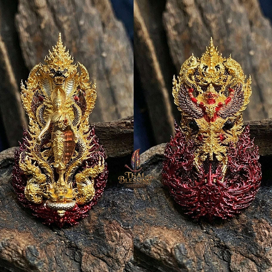 Master-Grade Phra Phuttha Pattiharn Paet Lok Nawa Loha 2K with Patina Enameling Nagaprok Back Garuda Sacred Casting