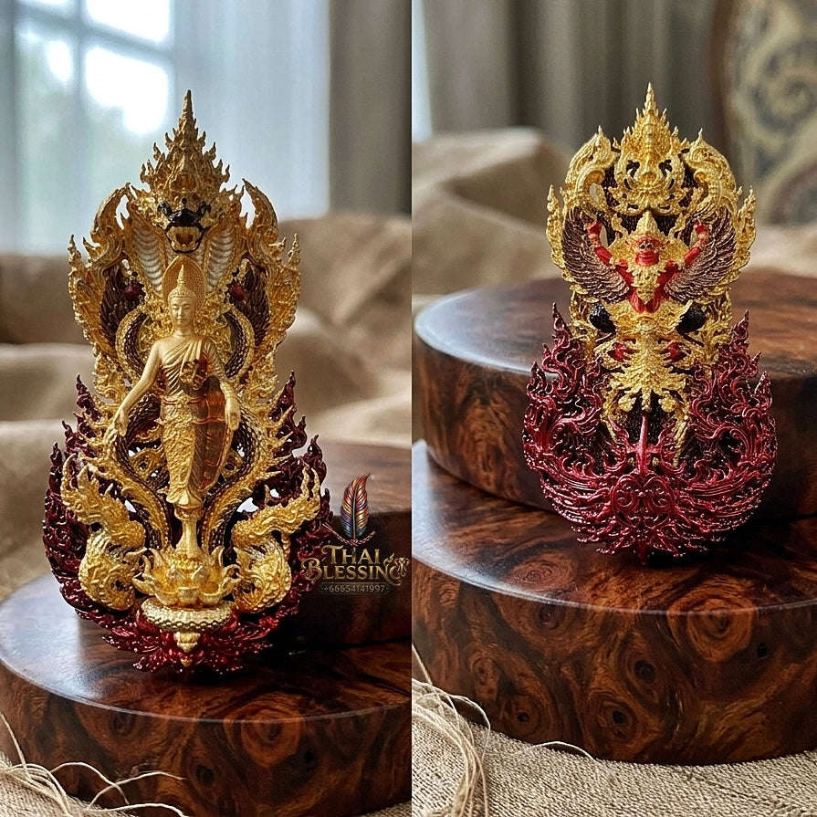 Master-Grade Phra Phuttha Pattiharn Paet Lok Nawa Loha 2K with Patina Enameling Nagaprok Back Garuda Sacred Casting