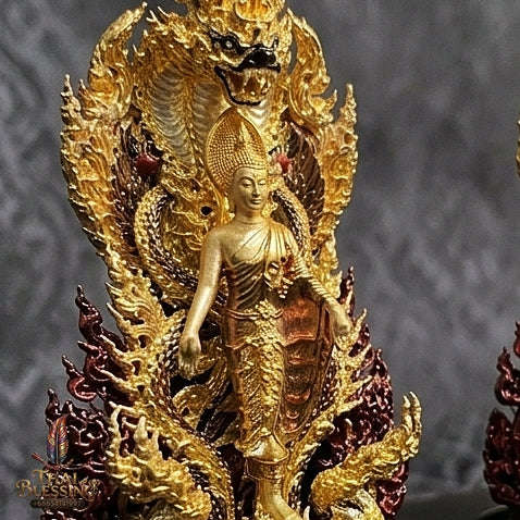 Master-Grade Phra Phuttha Pattiharn Paet Lok Nawa Loha 2K with Patina Enameling Nagaprok Back Garuda Sacred Casting