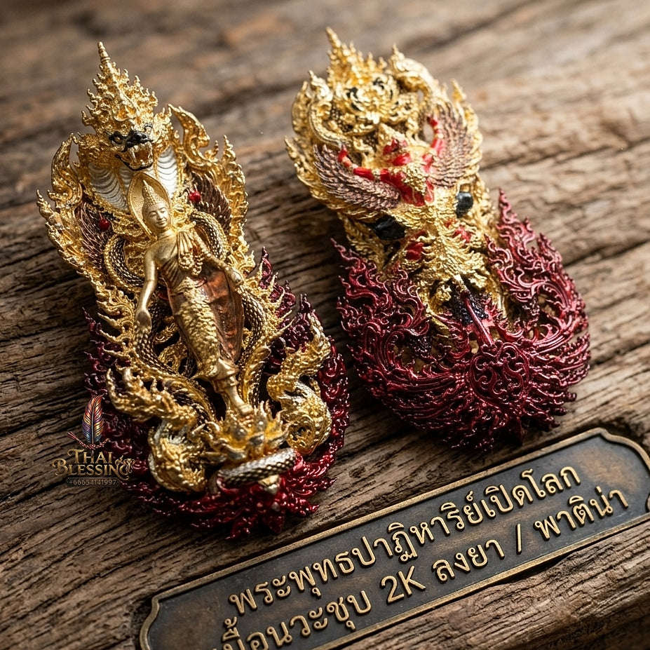 Master-Grade Phra Phuttha Pattiharn Paet Lok Nawa Loha 2K with Patina Enameling Nagaprok Back Garuda Sacred Casting