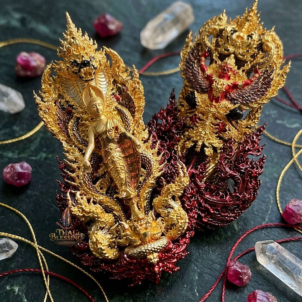 Master-Grade Phra Phuttha Pattiharn Paet Lok Nawa Loha 2K with Patina Enameling Nagaprok Back Garuda Sacred Casting