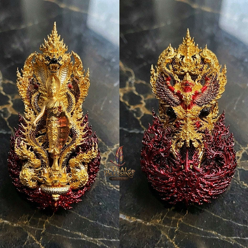 Master-Grade Phra Phuttha Pattiharn Paet Lok Nawa Loha 2K with Patina Enameling Nagaprok Back Garuda Sacred Casting