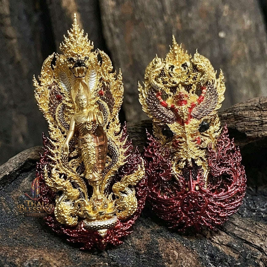 Master-Grade Phra Phuttha Pattiharn Paet Lok Nawa Loha 2K with Patina Enameling Nagaprok Back Garuda Sacred Casting Thai Blessing Co By RURUECHA