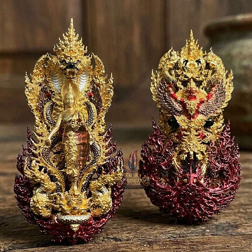 Master-Grade Phra Phuttha Pattiharn Paet Lok Nawa Loha 2K with Patina Enameling Nagaprok Back Garuda Sacred Casting Thai Blessing Co By RURUECHA