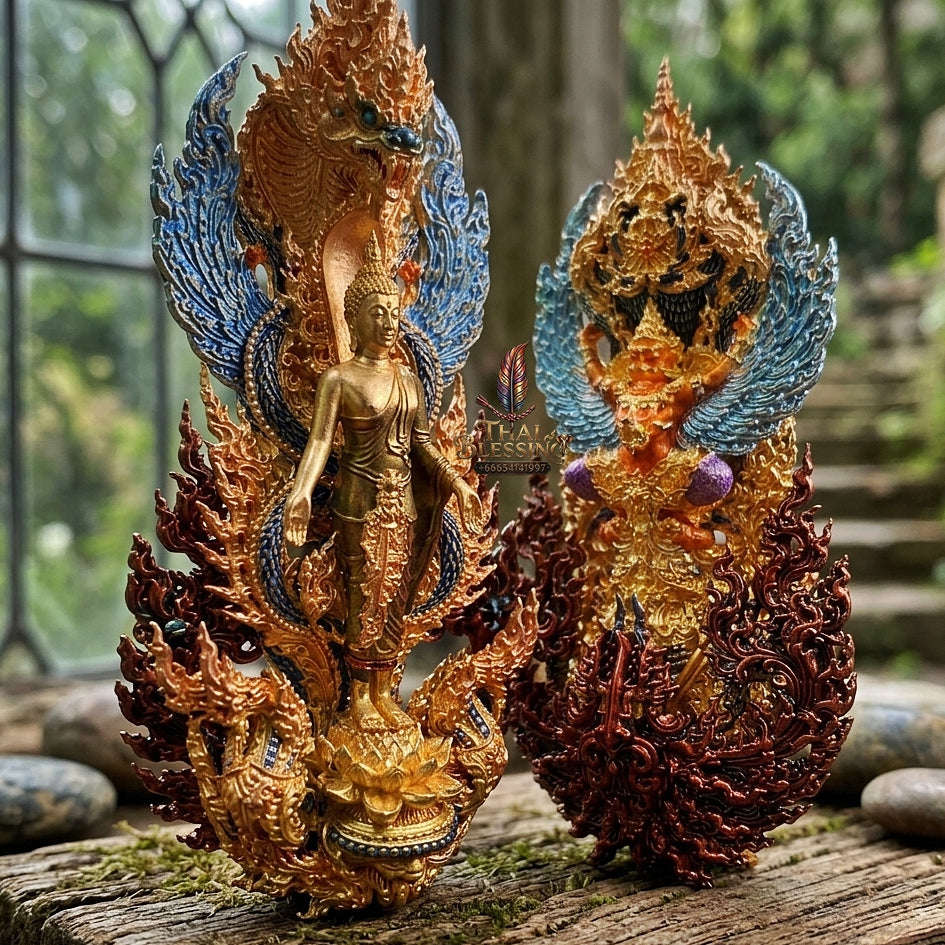 Master-Grade Phra Phuttha Pattiharn Paet Lok Sacred Chanuan 2K with Patina Enameling Nagaprok Back Garuda Sacred Casting Thai Blessing Co By RURUECHA