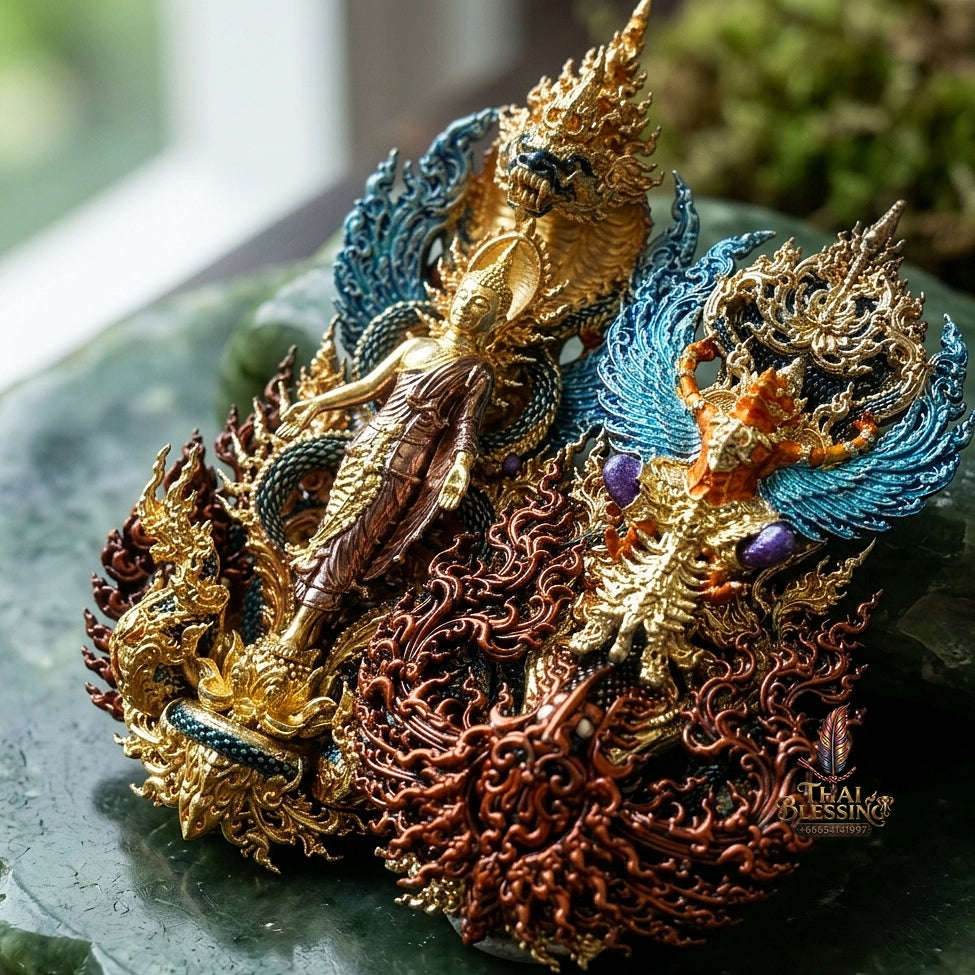 Master-Grade Phra Phuttha Pattiharn Paet Lok Sacred Chanuan 2K with Patina Enameling Nagaprok Back Garuda Sacred Casting Thai Blessing Co By RURUECHA