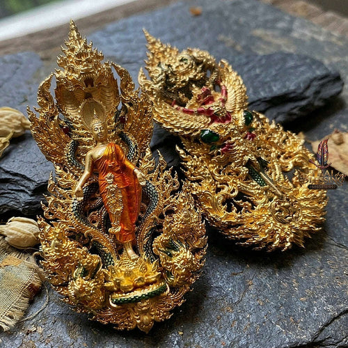 Master-Grade Phra Phuttha Pattiharn Paet Lok Sacred Chanuan Gold-Plated with Enameling Nagaprok Back Garuda Sacred Casting Edition Thai Blessing Co By RURUECHA