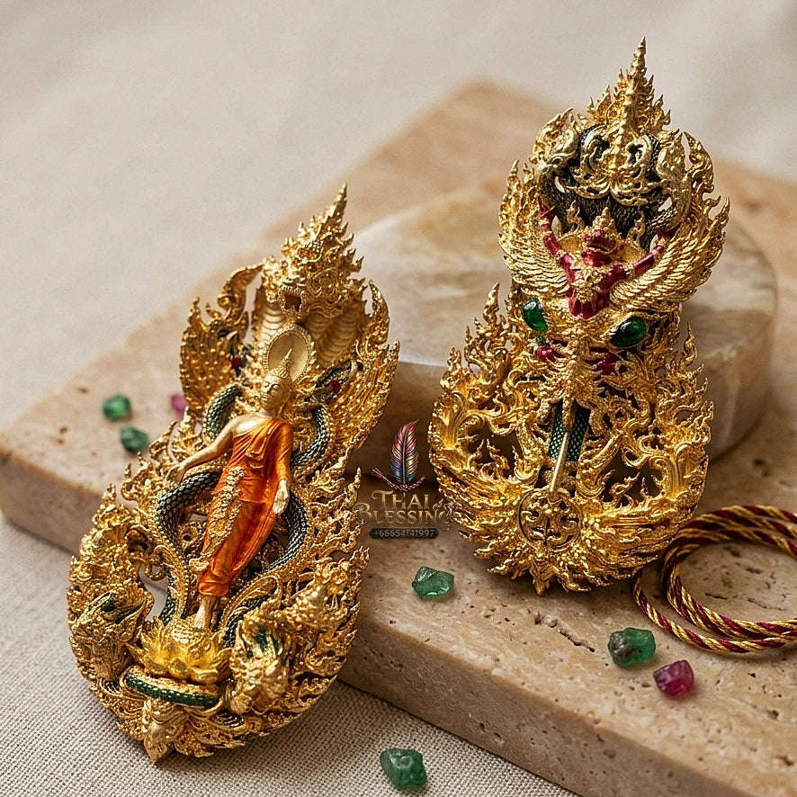 Master-Grade Phra Phuttha Pattiharn Paet Lok Sacred Chanuan Gold-Plated with Enameling Nagaprok Back Garuda Sacred Casting Edition Thai Blessing Co By RURUECHA