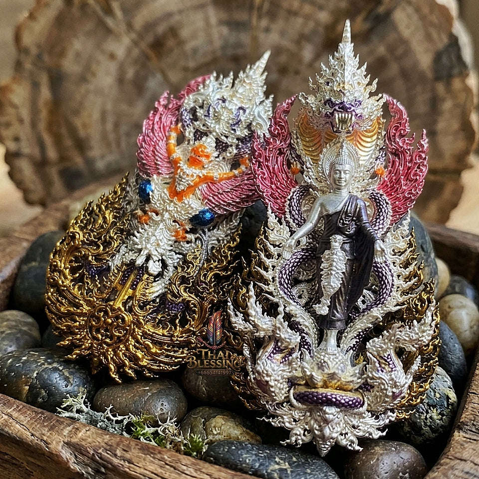 Master-Grade Phra Phuttha Pattiharn Paet Lok Silver-Plated Enameling Bronze (Long Ya) Nagaprok Back Garuda Sacred Casting Edition Thai Blessing Co By RURUECHA