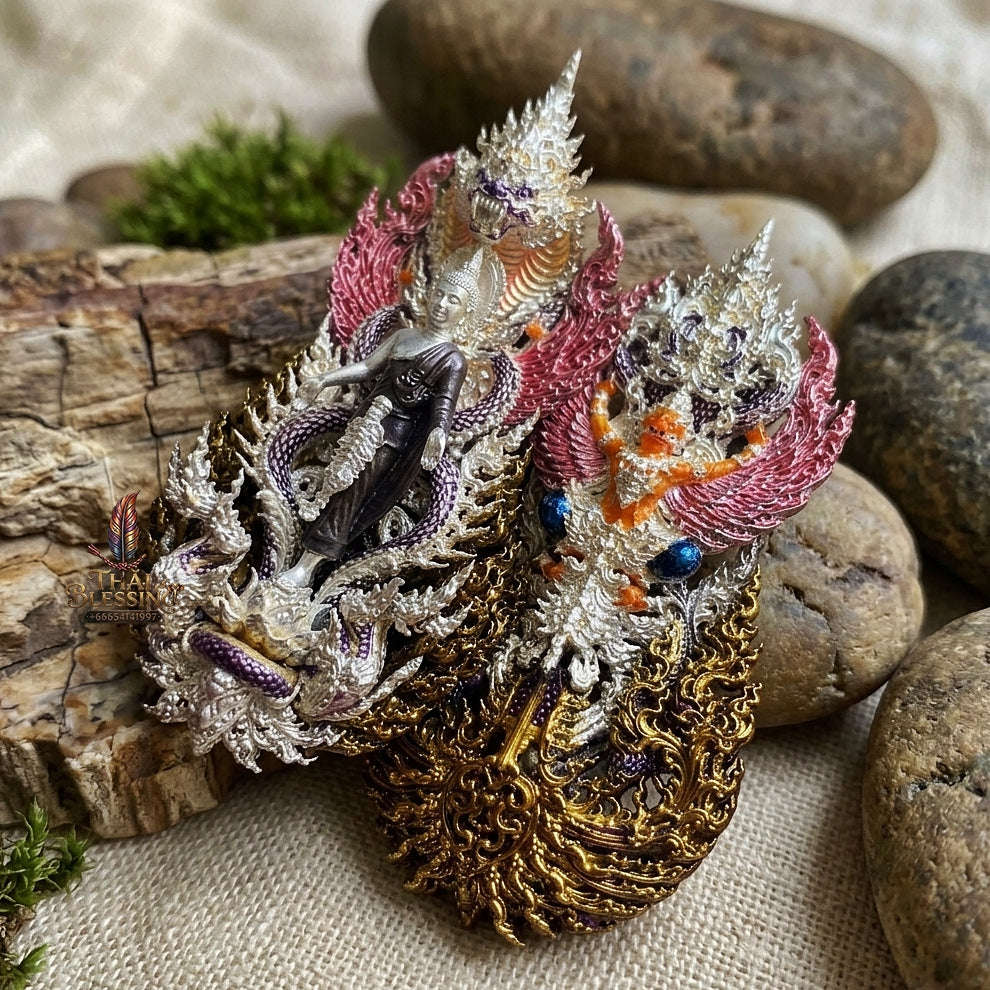 Master-Grade Phra Phuttha Pattiharn Paet Lok Silver-Plated Enameling Bronze (Long Ya) Nagaprok Back Garuda Sacred Casting Edition Thai Blessing Co By RURUECHA