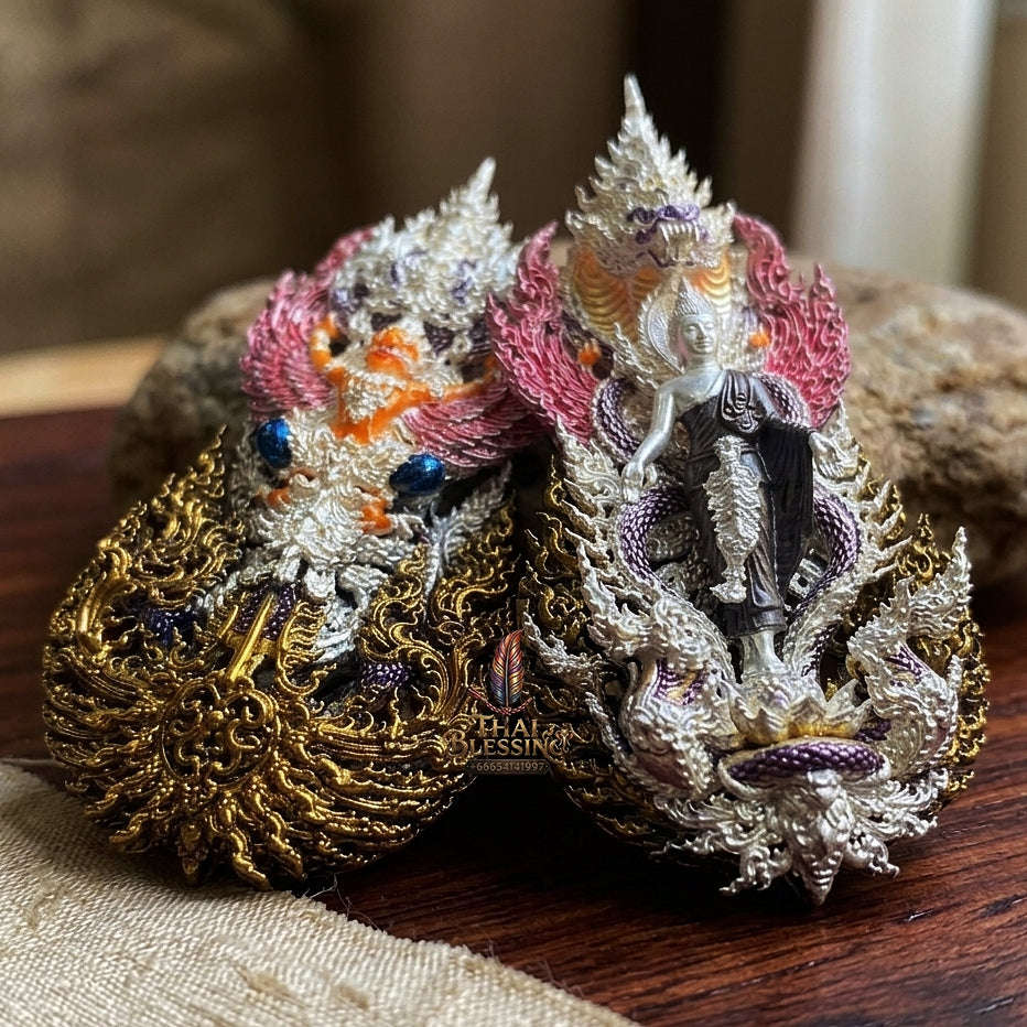 Master-Grade Phra Phuttha Pattiharn Paet Lok Silver-Plated Enameling Bronze (Long Ya) Nagaprok Back Garuda Sacred Casting Edition Thai Blessing Co By RURUECHA