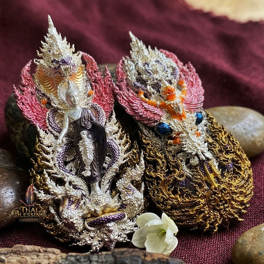 Master-Grade Phra Phuttha Pattiharn Paet Lok Silver-Plated Enameling Bronze (Long Ya) Nagaprok Back Garuda Sacred Casting Edition Thai Blessing Co By RURUECHA