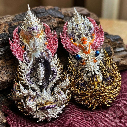 Master-Grade Phra Phuttha Pattiharn Paet Lok Silver-Plated Enameling Bronze (Long Ya) Nagaprok Back Garuda Sacred Casting Edition Thai Blessing Co By RURUECHA