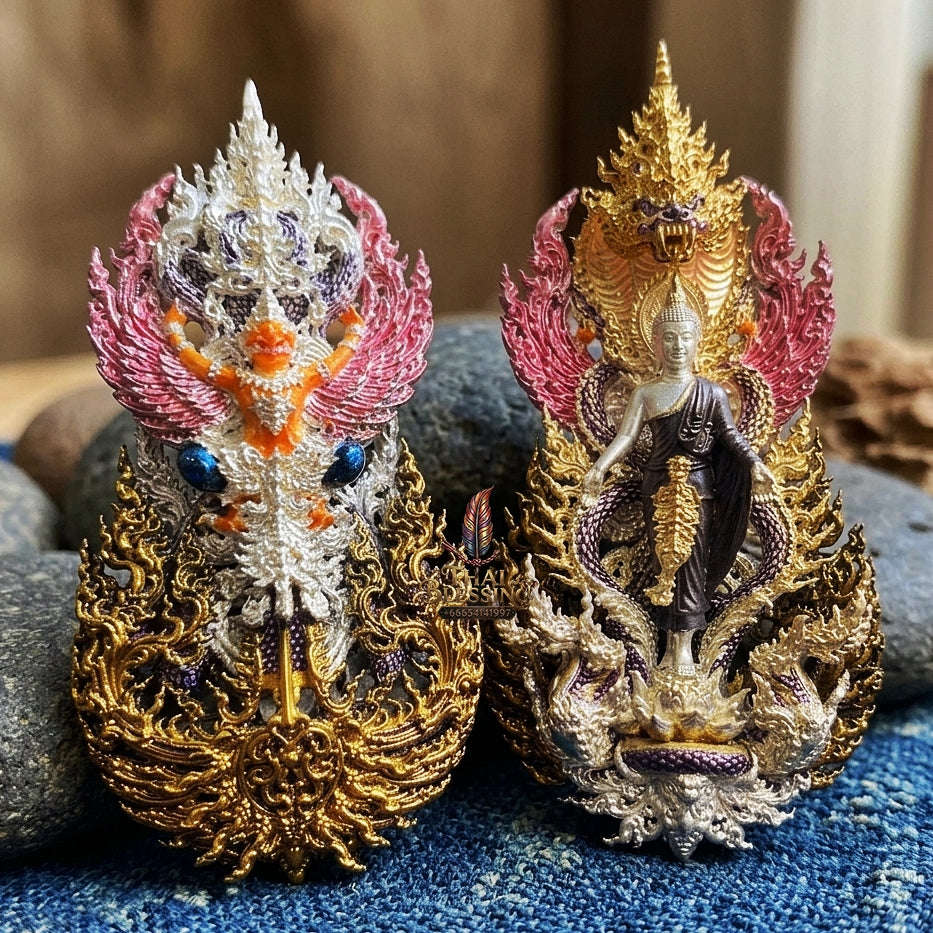 Master-Grade Phra Phuttha Pattiharn Paet Lok Silver-Plated Enameling Bronze (Long Ya) Nagaprok Back Garuda Sacred Casting Edition Thai Blessing Co By RURUECHA