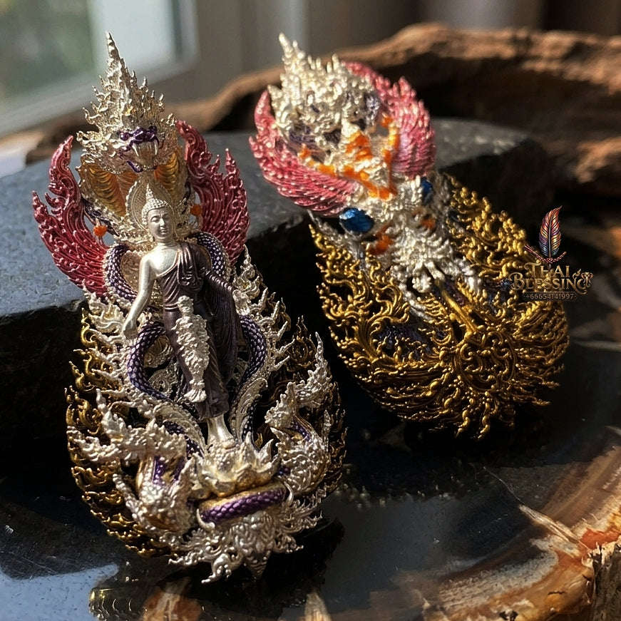 Master-Grade Phra Phuttha Pattiharn Paet Lok Silver-Plated Enameling Bronze (Long Ya) Nagaprok Back Garuda Sacred Casting Edition Thai Blessing Co By RURUECHA