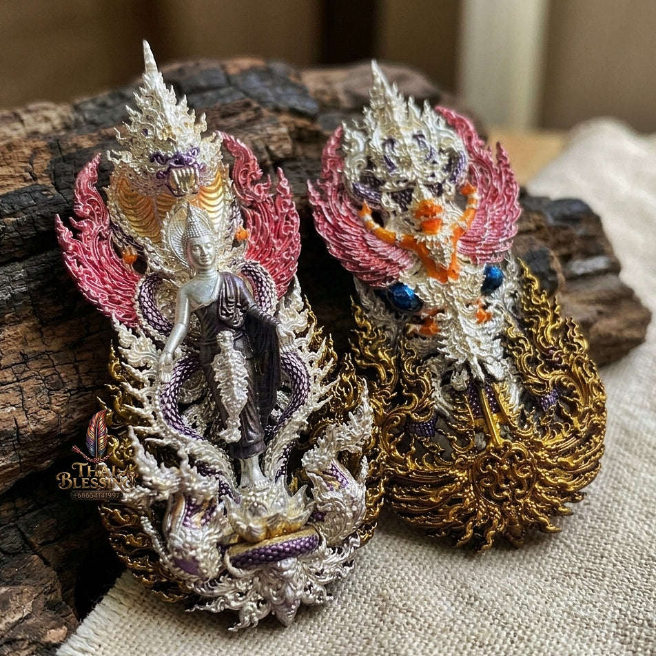 Master-Grade Phra Phuttha Pattiharn Paet Lok Silver-Plated Enameling Bronze (Long Ya) Nagaprok Back Garuda Sacred Casting Edition Thai Blessing Co By RURUECHA
