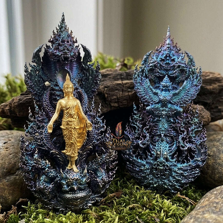 Master-Grade Phra Phuttha Pattiharn Paet Lok Solid Silver Gold-Plated Blue Rainbow Effect Nagaprok Back Garuda Sacred Casting Edition Thai Blessing Co By RURUECHA