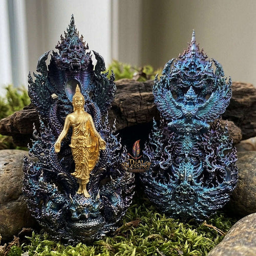Master-Grade Phra Phuttha Pattiharn Paet Lok Solid Silver Gold-Plated Blue Rainbow Effect Nagaprok Back Garuda Sacred Casting Edition Thai Blessing Co By RURUECHA