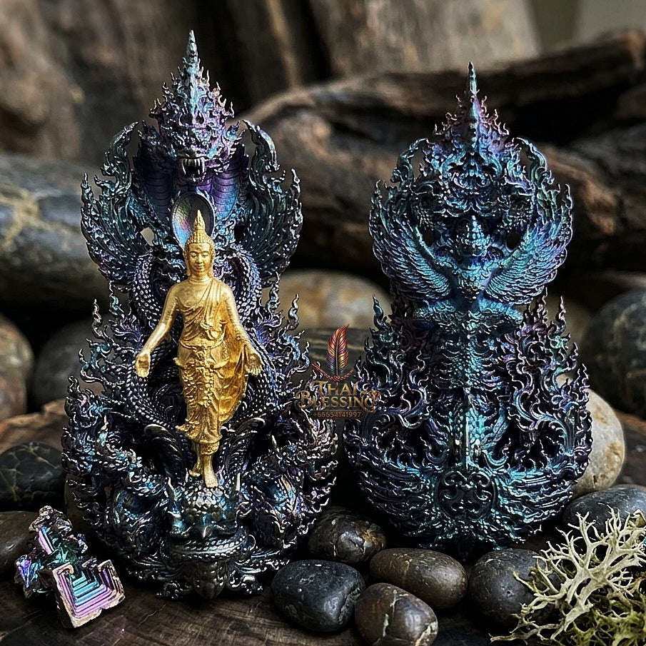 Master-Grade Phra Phuttha Pattiharn Paet Lok Solid Silver Gold-Plated Blue Rainbow Effect Nagaprok Back Garuda Sacred Casting Edition Thai Blessing Co By RURUECHA