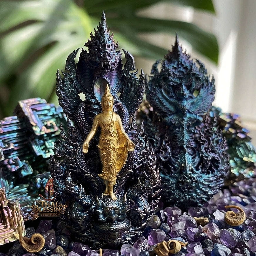 Master-Grade Phra Phuttha Pattiharn Paet Lok Solid Silver Gold-Plated Blue Rainbow Effect Nagaprok Back Garuda Sacred Casting Edition Thai Blessing Co By RURUECHA