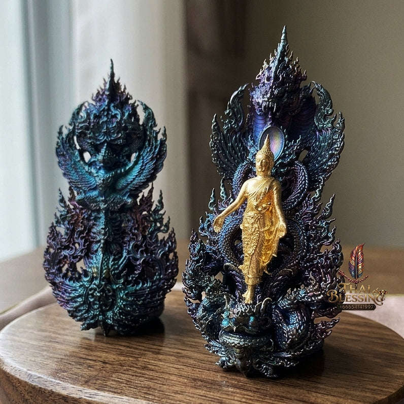 Master-Grade Phra Phuttha Pattiharn Paet Lok Solid Silver Gold-Plated Blue Rainbow Effect Nagaprok Back Garuda Sacred Casting Edition Thai Blessing Co By RURUECHA
