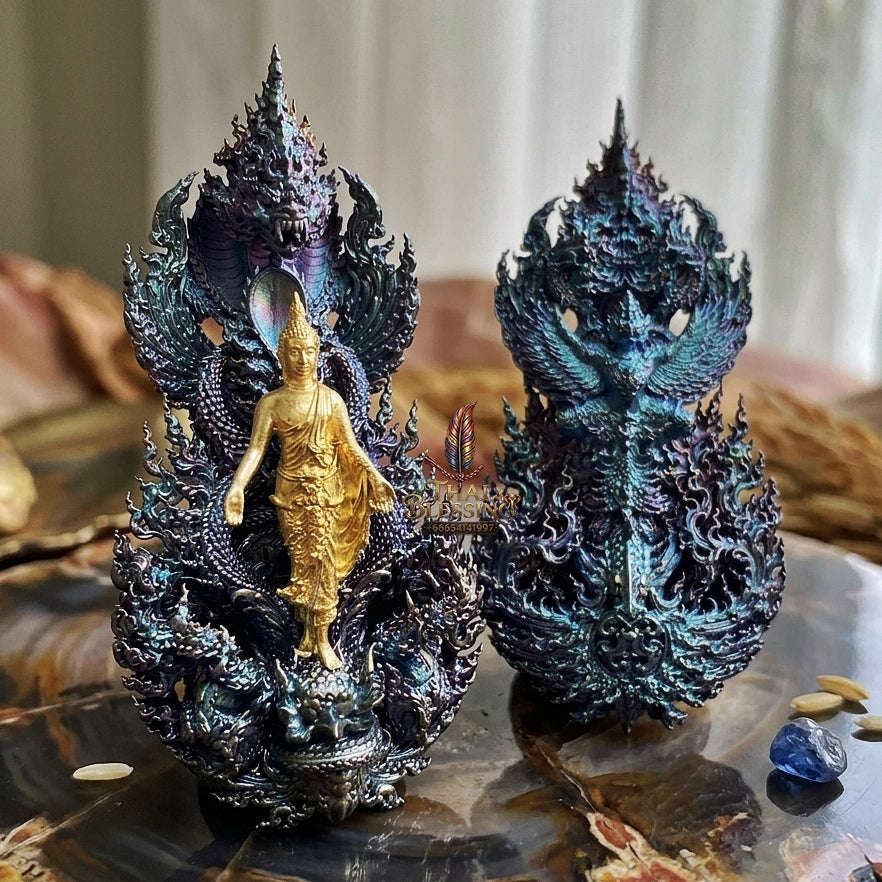 Master-Grade Phra Phuttha Pattiharn Paet Lok Solid Silver Gold-Plated Blue Rainbow Effect Nagaprok Back Garuda Sacred Casting Edition Thai Blessing Co By RURUECHA