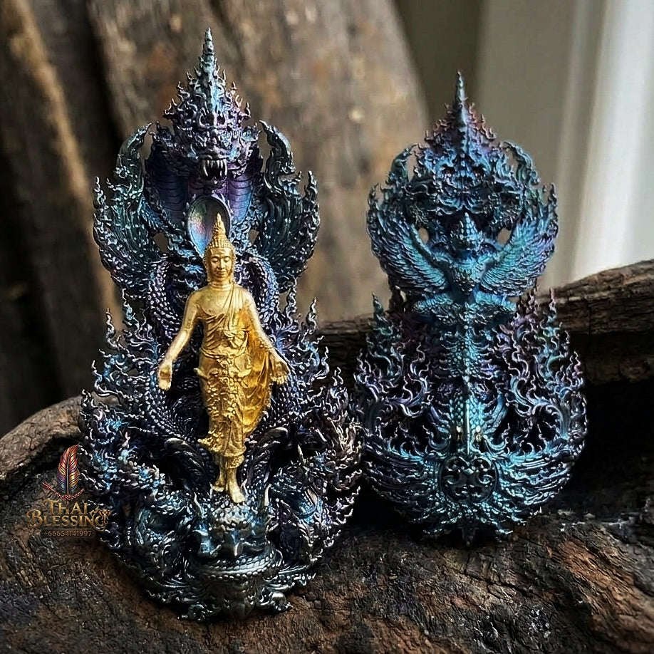 Master-Grade Phra Phuttha Pattiharn Paet Lok Solid Silver Gold-Plated Blue Rainbow Effect Nagaprok Back Garuda Sacred Casting Edition Thai Blessing Co By RURUECHA