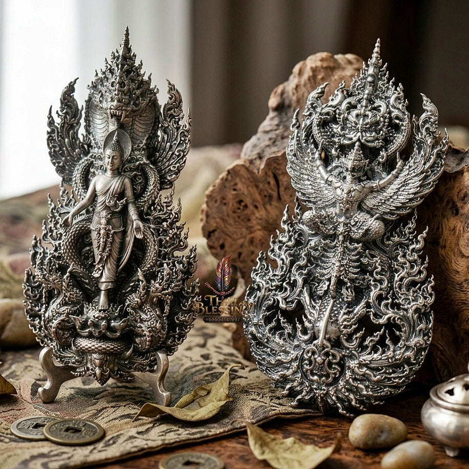 Master-Grade Phra Phuttha Pattiharn Paet Lok Solid Silver Satin Finish Nagaprok Back Garuda Sacred Casting Edition Thai Blessing Co By RURUECHA