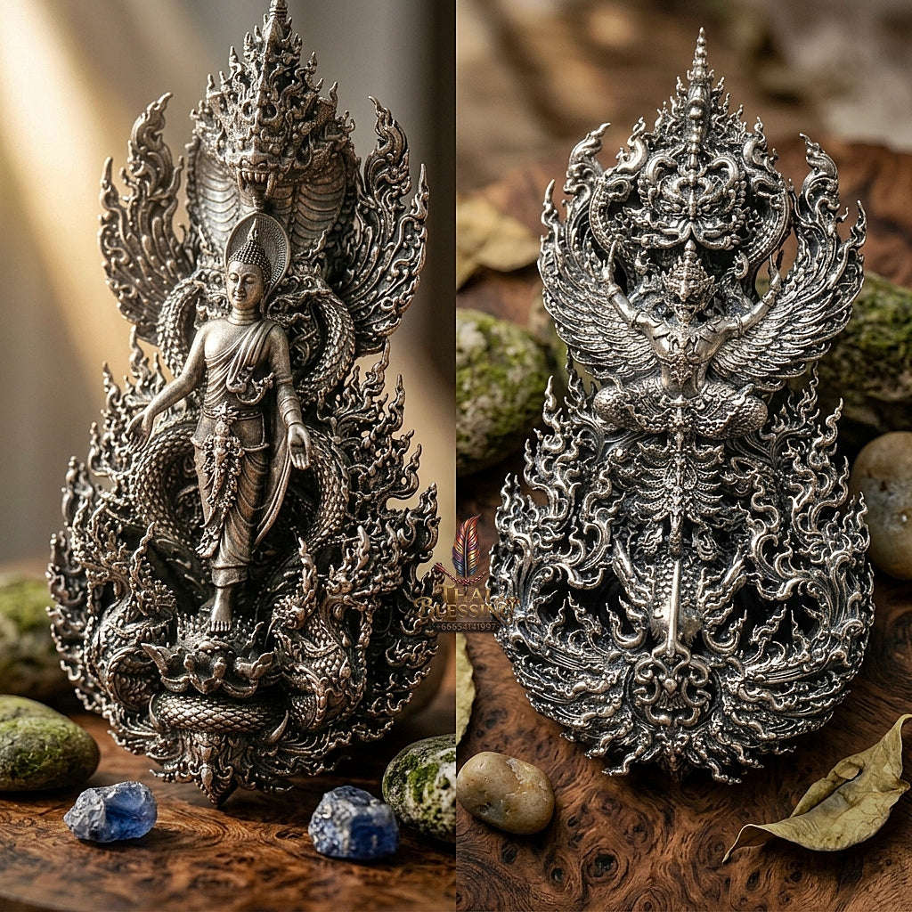 Master-Grade Phra Phuttha Pattiharn Paet Lok Solid Silver Satin Finish Nagaprok Back Garuda Sacred Casting Edition Thai Blessing Co By RURUECHA