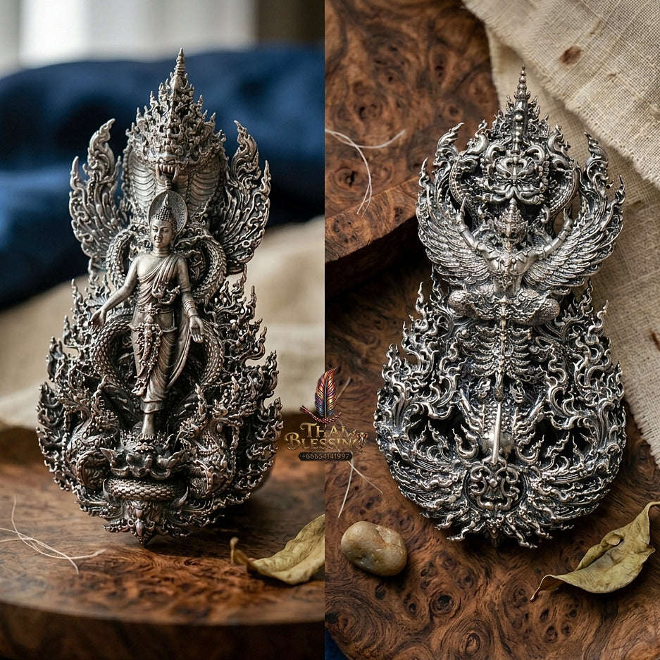 Master-Grade Phra Phuttha Pattiharn Paet Lok Solid Silver Satin Finish Nagaprok Back Garuda Sacred Casting Edition Thai Blessing Co By RURUECHA