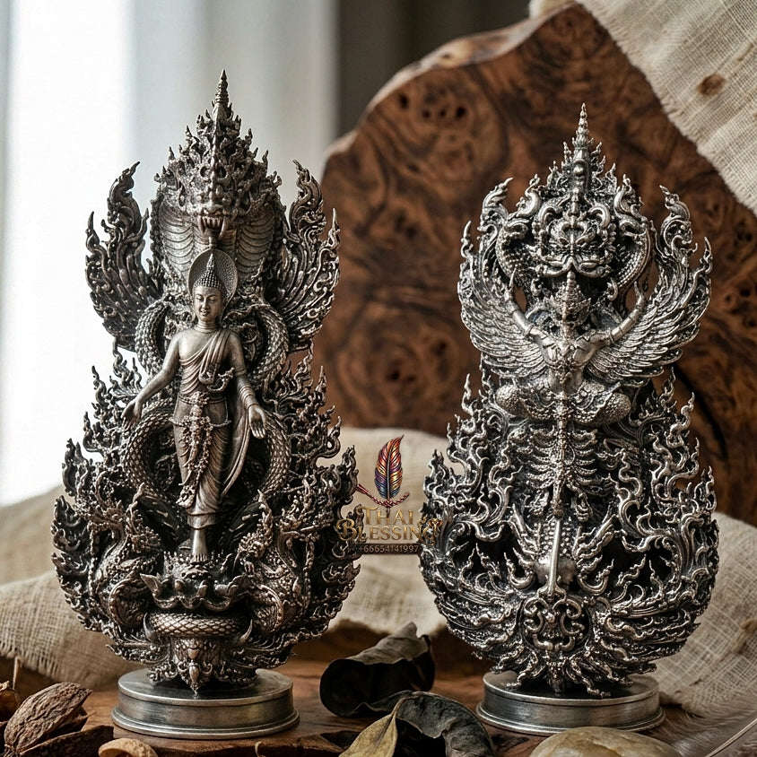 Master-Grade Phra Phuttha Pattiharn Paet Lok Solid Silver Satin Finish Nagaprok Back Garuda Sacred Casting Edition Thai Blessing Co By RURUECHA