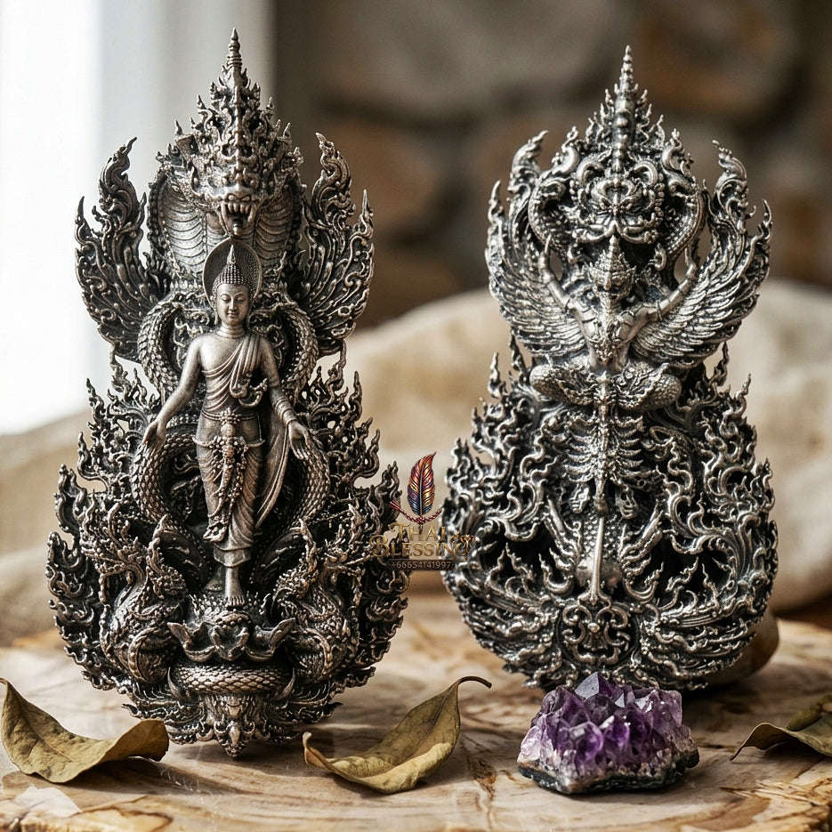 Master-Grade Phra Phuttha Pattiharn Paet Lok Solid Silver Satin Finish Nagaprok Back Garuda Sacred Casting Edition Thai Blessing Co By RURUECHA