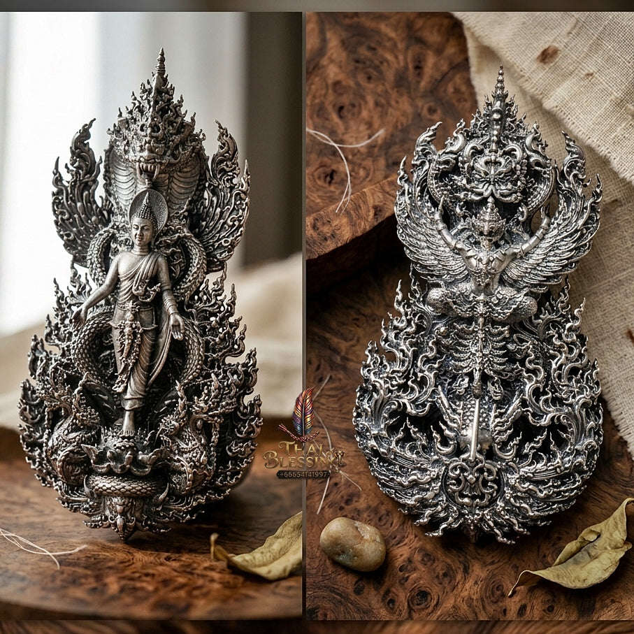 Master-Grade Phra Phuttha Pattiharn Paet Lok Solid Silver Satin Finish Nagaprok Back Garuda Sacred Casting Edition Thai Blessing Co By RURUECHA