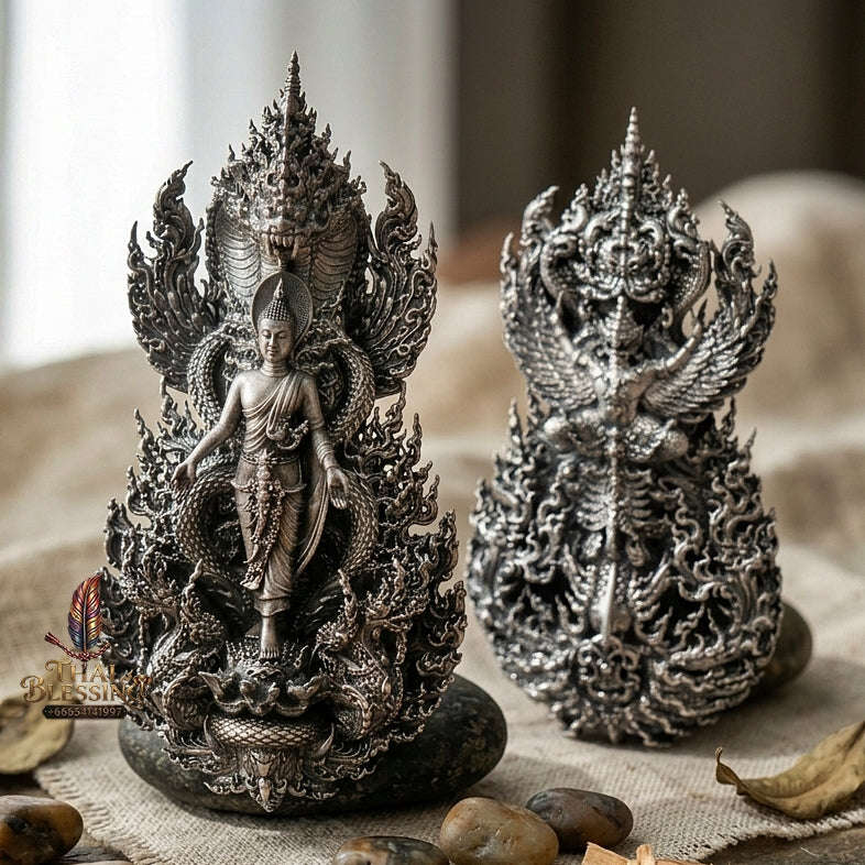 Master-Grade Phra Phuttha Pattiharn Paet Lok Solid Silver Satin Finish Nagaprok Back Garuda Sacred Casting Edition Thai Blessing Co By RURUECHA