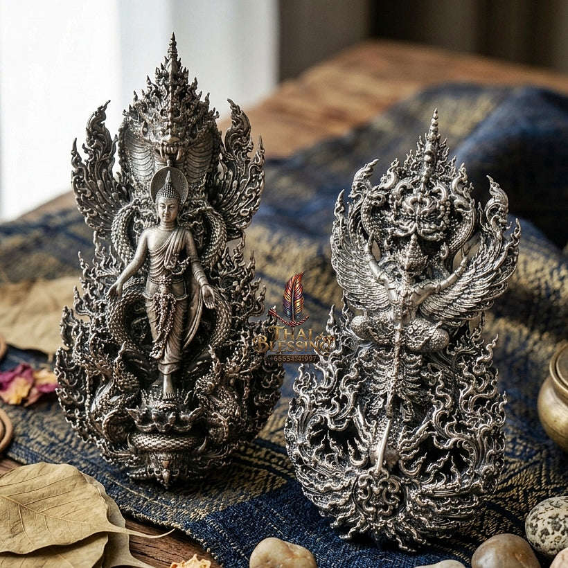 Master-Grade Phra Phuttha Pattiharn Paet Lok Solid Silver Satin Finish Nagaprok Back Garuda Sacred Casting Edition Thai Blessing Co By RURUECHA