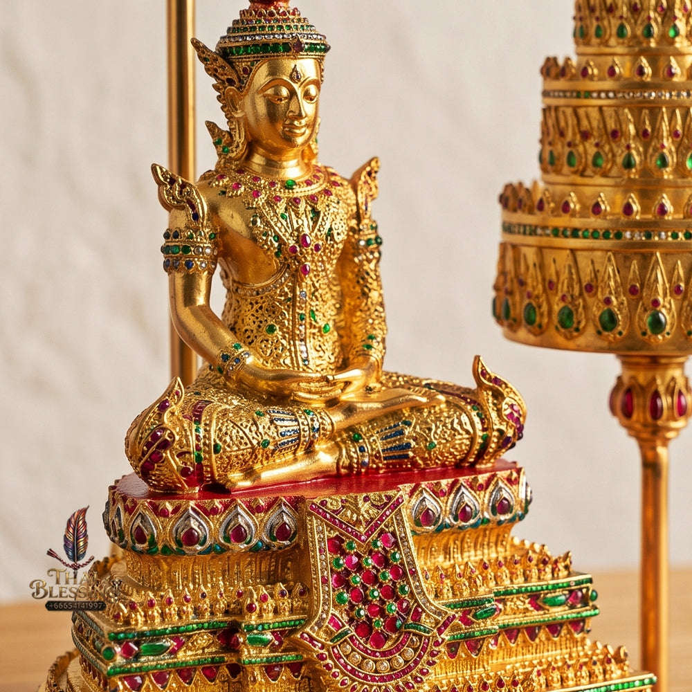 Master-Grade Phra Rattana 3K Gold-Plated Bronze Altar Statue Selection 3.4 with Tiered Chattra Consecrated Dual Ceremonies BE 2568 Thai Amulet Collectible Thai Blessing Co By RURUECHA