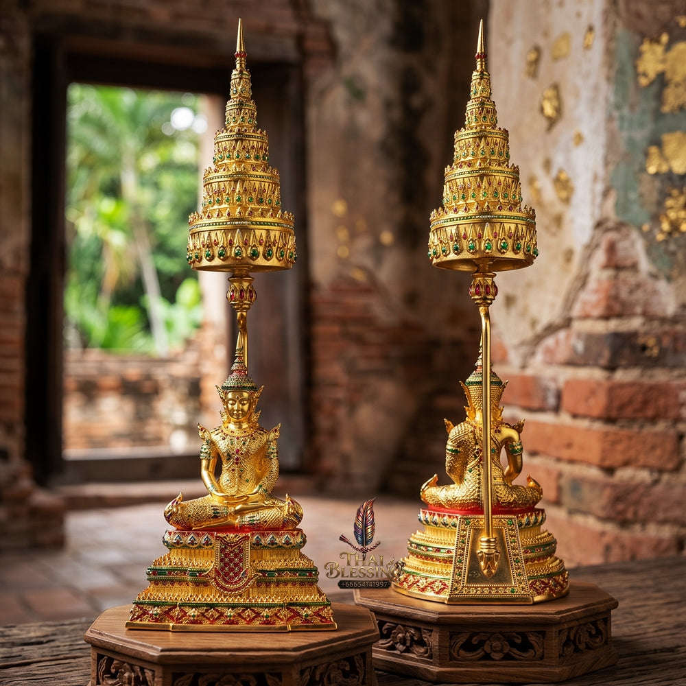 Master-Grade Phra Rattana 3K Gold-Plated Bronze Altar Statue Selection 3.4 with Tiered Chattra Consecrated Dual Ceremonies BE 2568 Thai Amulet Collectible Thai Blessing Co By RURUECHA
