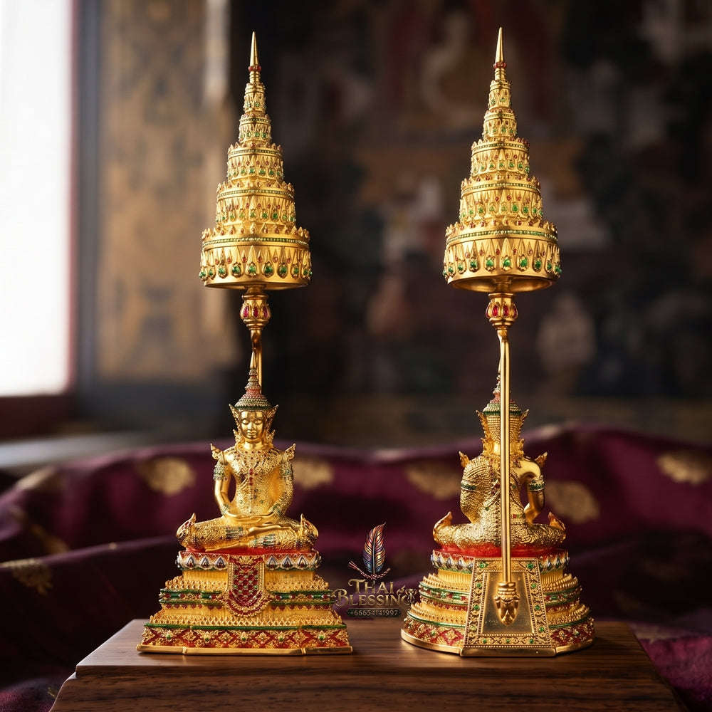 Master-Grade Phra Rattana 3K Gold-Plated Bronze Altar Statue Selection 3.4 with Tiered Chattra Consecrated Dual Ceremonies BE 2568 Thai Amulet Collectible Thai Blessing Co By RURUECHA
