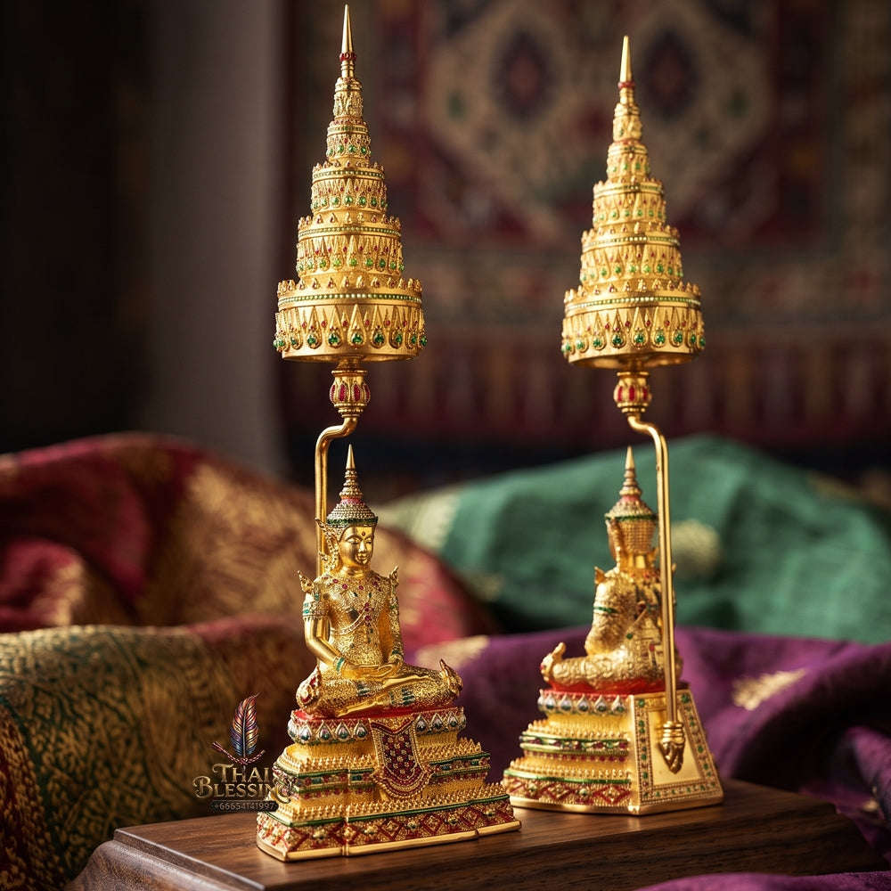 Master-Grade Phra Rattana 3K Gold-Plated Bronze Altar Statue Selection 3.4 with Tiered Chattra Consecrated Dual Ceremonies BE 2568 Thai Amulet Collectible Thai Blessing Co By RURUECHA