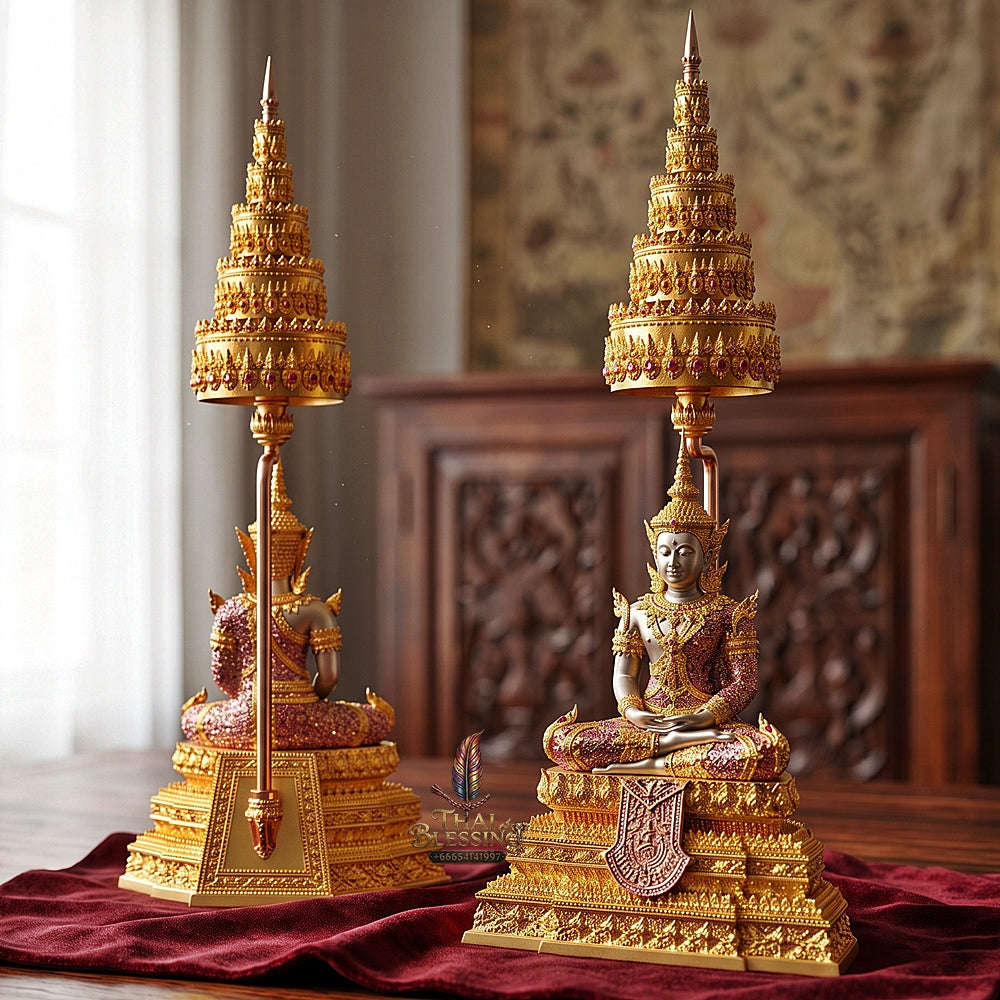 Master-Grade Phra Rattana 3K Gold-Plated Bronze Altar Statue with Tiered Chattra Consecrated Dual Ceremonies BE 2568 Thai Amulet Collectible Thai Blessing Co By RURUECHA