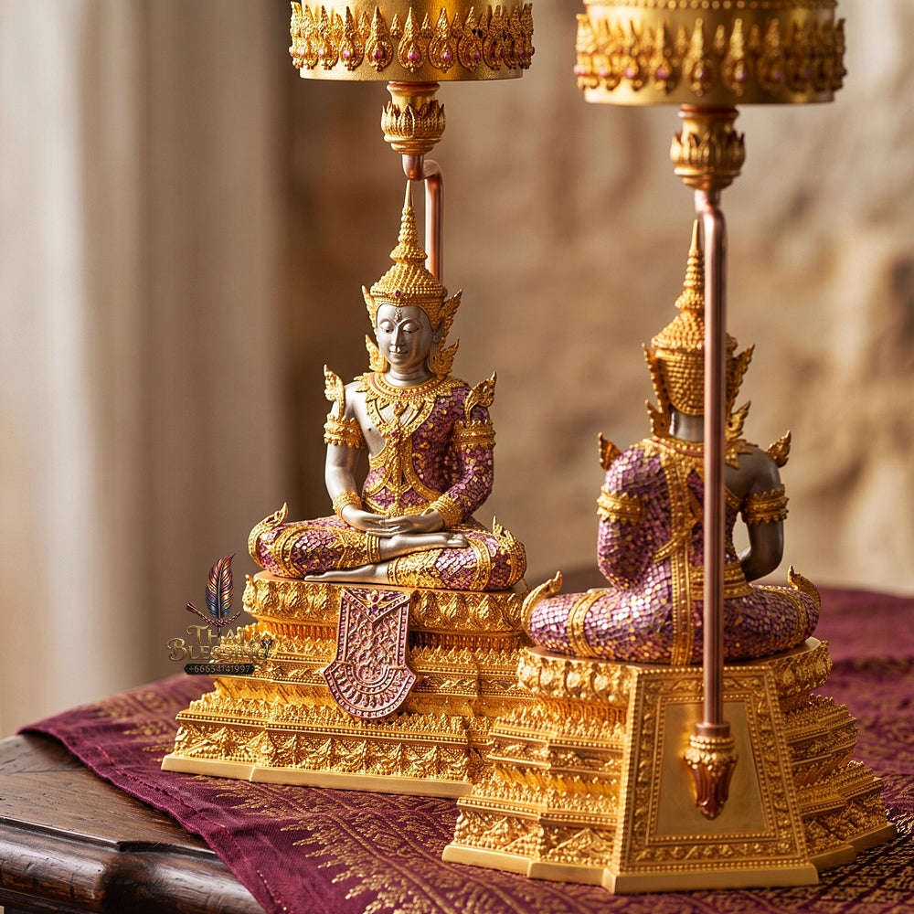Master-Grade Phra Rattana 3K Gold-Plated Bronze Altar Statue with Tiered Chattra Consecrated Dual Ceremonies BE 2568 Thai Amulet Collectible Thai Blessing Co By RURUECHA