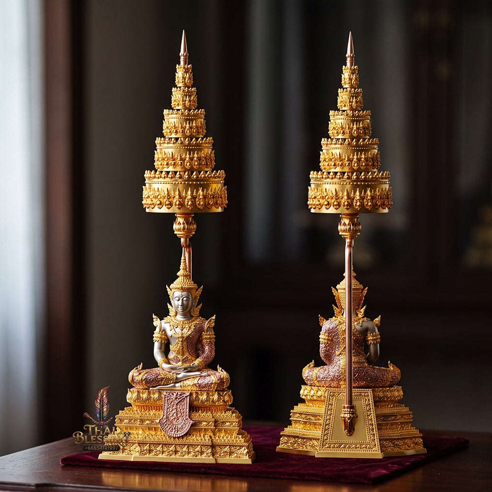 Master-Grade Phra Rattana 3K Gold-Plated Bronze Altar Statue with Tiered Chattra Consecrated Dual Ceremonies BE 2568 Thai Amulet Collectible Thai Blessing Co By RURUECHA