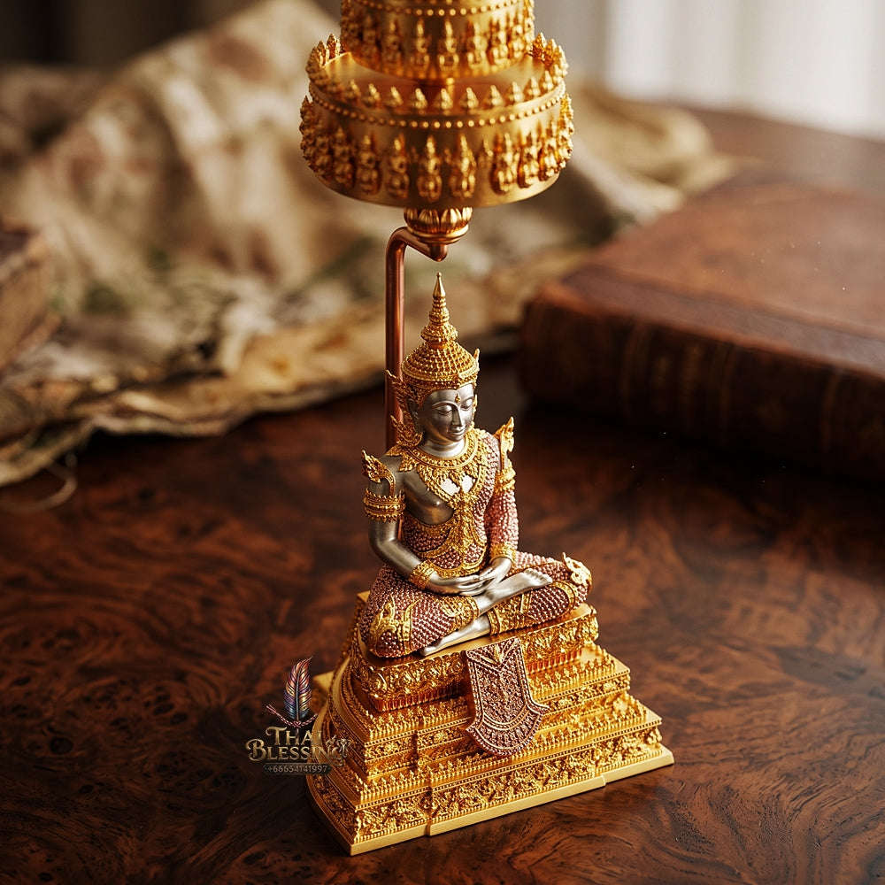 Master-Grade Phra Rattana 3K Gold-Plated Bronze Altar Statue with Tiered Chattra Consecrated Dual Ceremonies BE 2568 Thai Amulet Collectible Thai Blessing Co By RURUECHA