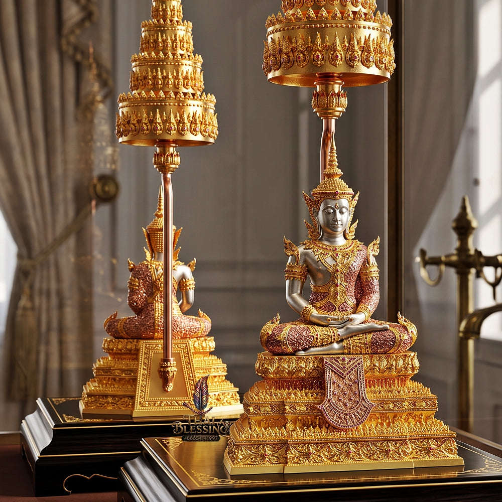 Master-Grade Phra Rattana 3K Gold-Plated Bronze Altar Statue with Tiered Chattra Consecrated Dual Ceremonies BE 2568 Thai Amulet Collectible Thai Blessing Co By RURUECHA