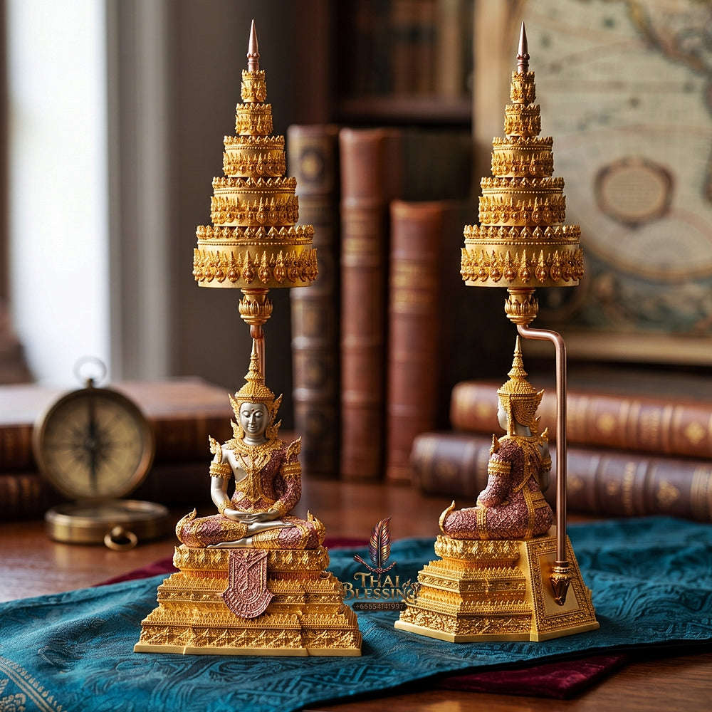 Master-Grade Phra Rattana 3K Gold-Plated Bronze Altar Statue with Tiered Chattra Consecrated Dual Ceremonies BE 2568 Thai Amulet Collectible Thai Blessing Co By RURUECHA