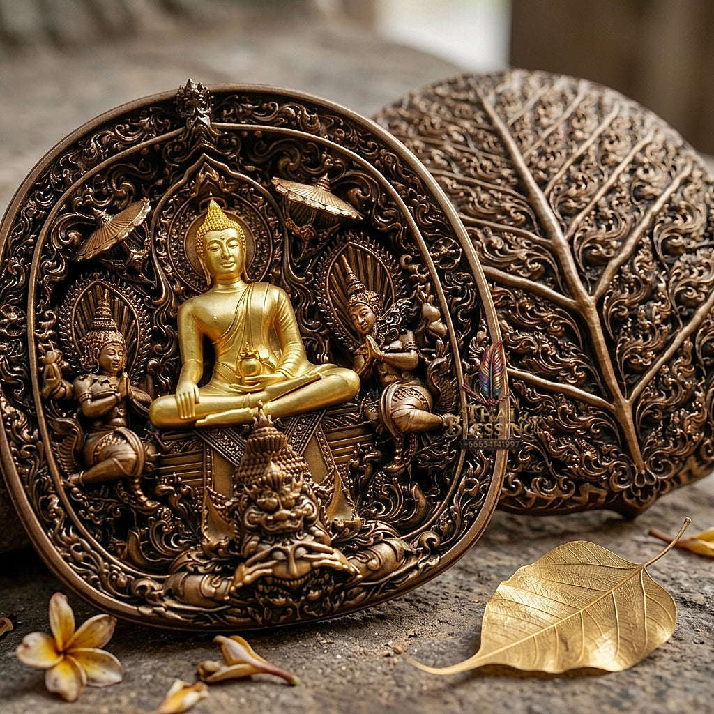 Master-Grade Southern Thai Yod Khun Phon Sovereign Warlord Amulet Satin Bronze with Gold-Plated Buddha Image Edition Wat Santi Worakhun Songkhla Collector-Grade Talisman Thai Blessing Co By RURUECHA