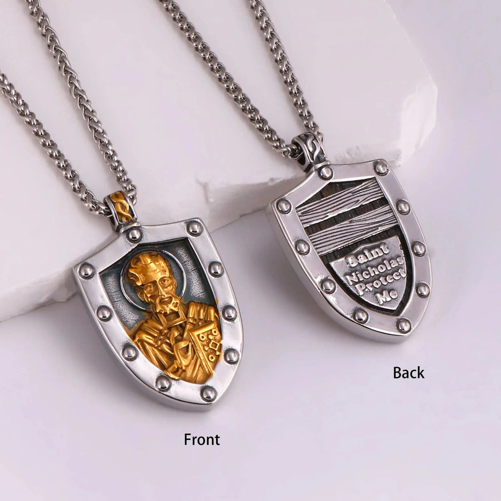 🐺 Medieval Stainless Steel Viking Wolf Necklace – Men’s Spiritual Jewelry | Viking Compass and Dragon Design | Robust and Symbolic Amulet S1-36-Golden