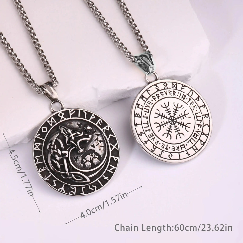 🐺 Medieval Stainless Steel Viking Wolf Necklace – Men’s Spiritual Jewelry | Viking Compass and Dragon Design | Robust and Symbolic Amulet