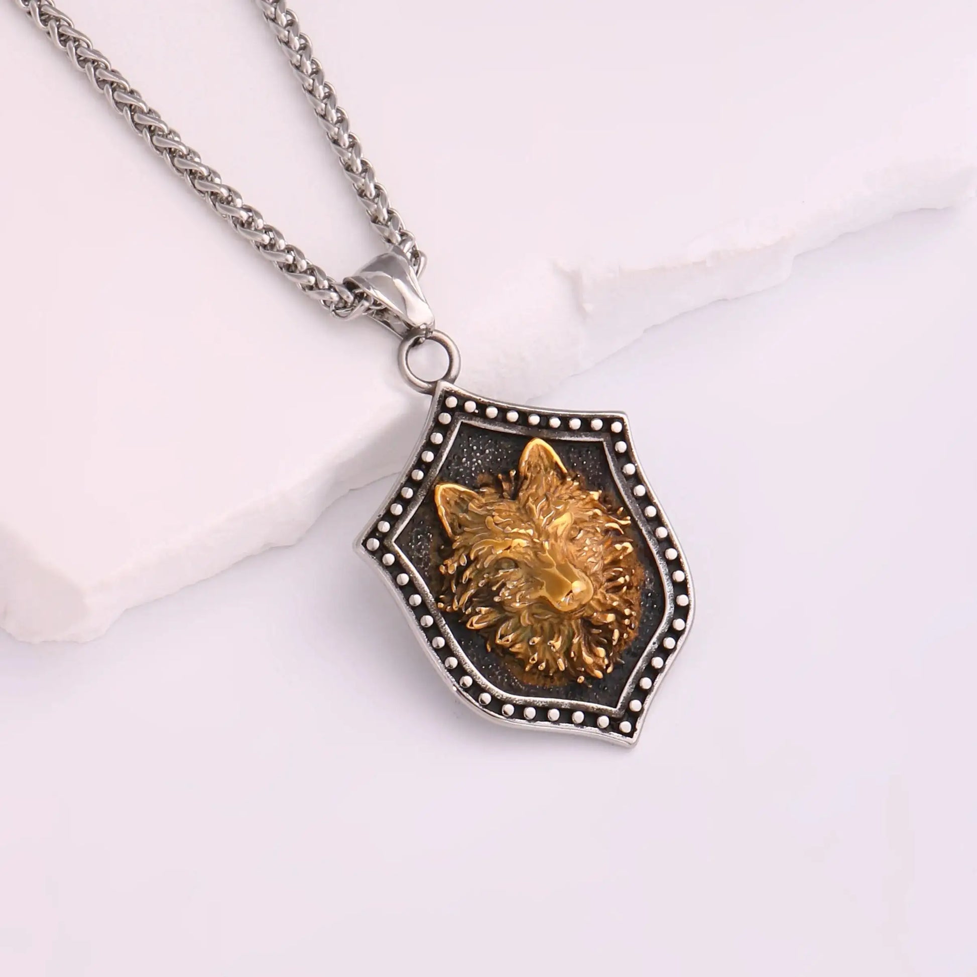 🐺 Medieval Stainless Steel Viking Wolf Necklace – Men’s Spiritual Jewelry | Viking Compass and Dragon Design | Robust and Symbolic Amulet S-04-Golden