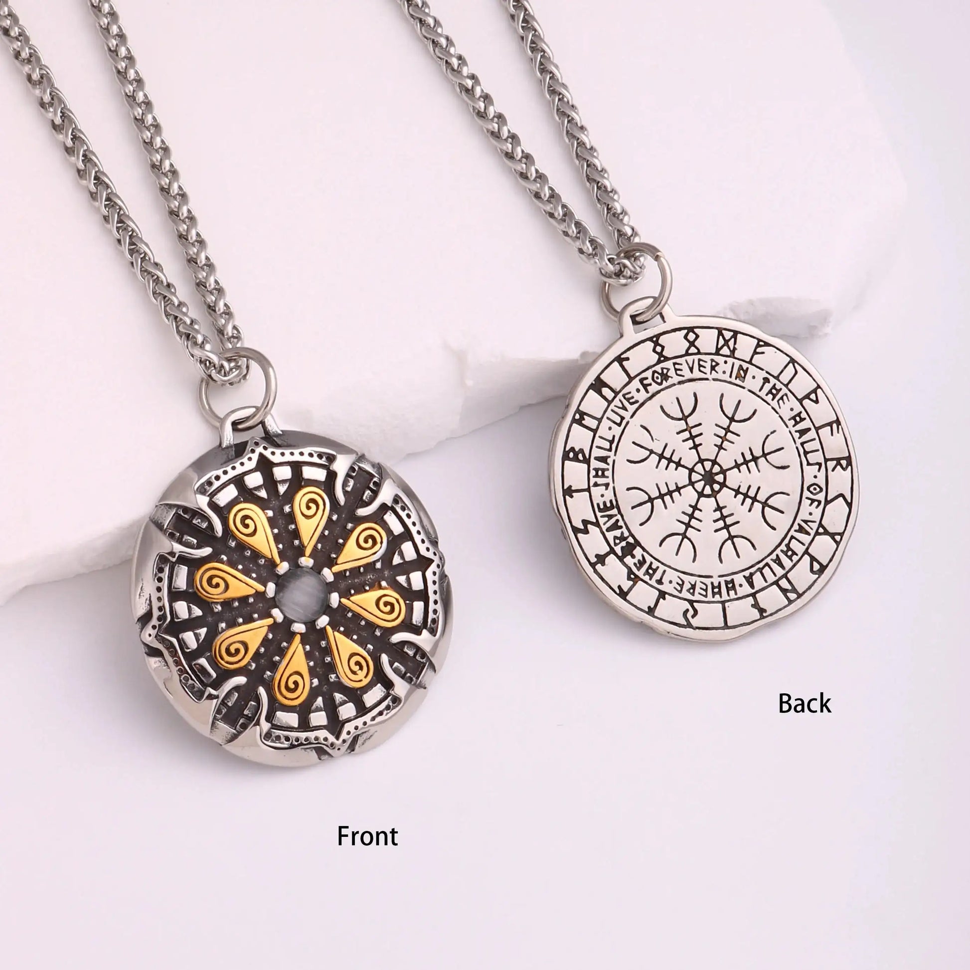 🐺 Medieval Stainless Steel Viking Wolf Necklace – Men’s Spiritual Jewelry | Viking Compass and Dragon Design | Robust and Symbolic Amulet S-51-Golden